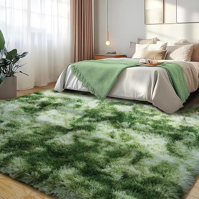 6x9 Fluffy Fuzzy Area Rug for Living Room Bedroom, Ultra Soft Large Living Room Rugs, Non Slip Thick Shag Rug for Dorm, Kids Girls Boys Rug for Home Decor Aesthetic, Tie-Dyed Green
