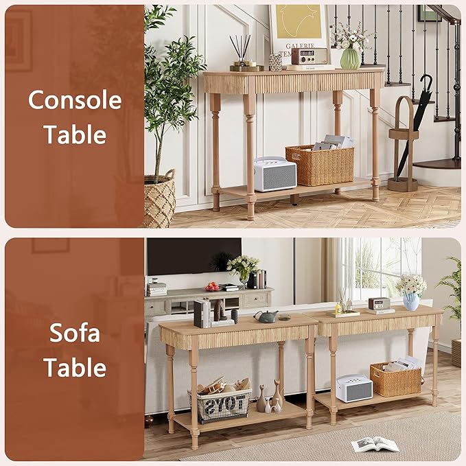 43.3”Console Table with 2 Drawers, Modern Retro Entryway Table with Fluted Panel & Storage Shelf, Narrow Wood Behind Couch Sofa Table for Living Room, Foyer, Hallway(Natural)