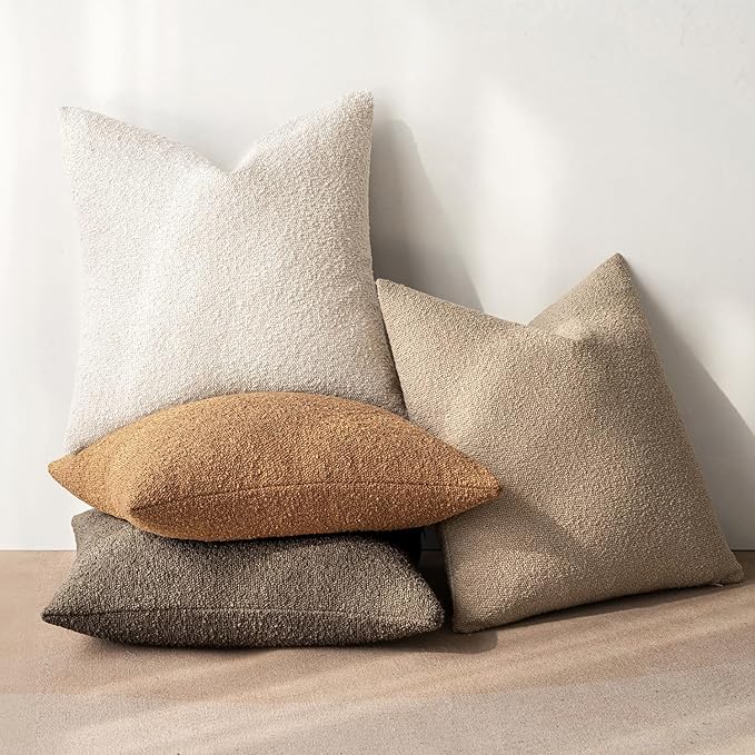 MIULEE Pack of 4 Decorative Textured Boucle Throw Pillow Covers 18x18 Inch Neutral Brown Accent Solid Pillow Cases Couch Cushion Covers for Fall Modern Farmhouse Boho Chair Sofa Bed Room Home Decor