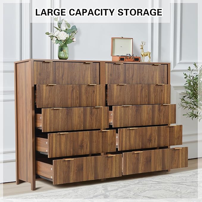 5 Drawer Double Dresser for Bedroom, Modern Wide Chest of Drawers with Fluted Panel Design,Wood Storage Dressers Chest of Drawers for Bedroom Living Room Hallway Closet,Walnut,2 Sets