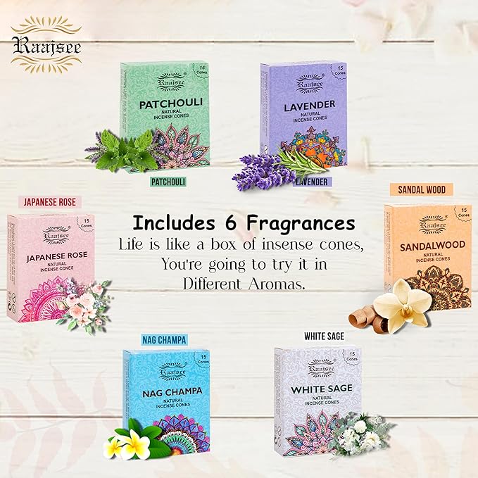 Raajsee Natural Incense Cones,6 Pack Mixed Scents Gift Pack 15 pc Each (90 Total), Insense Cones Variety Pack, 100% Organic Non Toxic Natural - Hand Rolled Free from Chemicals (Pack 1)