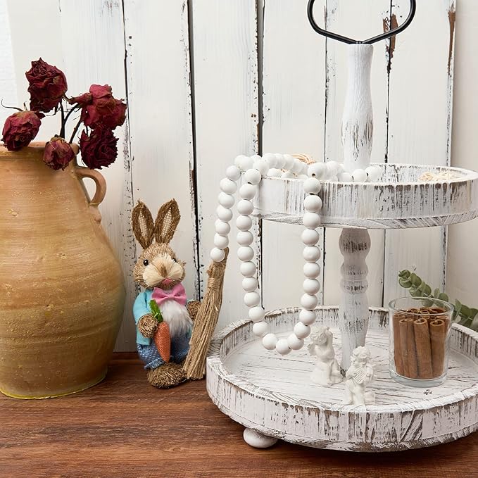 OMISHE 59in Wood Bead Garland with Tassels, Decorative Beads, Farmhouse Wooden Beads Garland for Wall Hanging Home Festival Decor, White