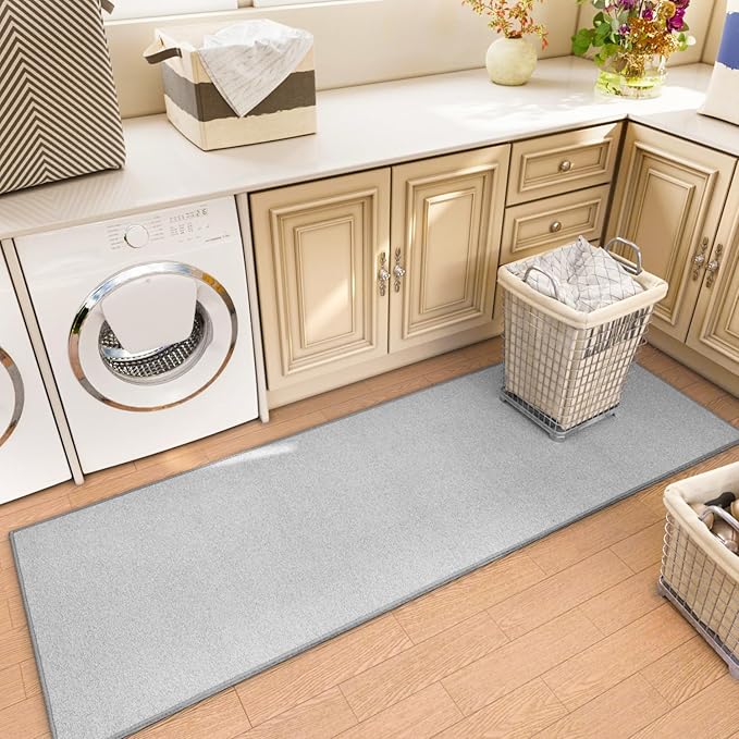 Runner Rug with Non Slip Rubber Backing, Washable Soft Floor Carpet for Kitchen, Hallway, Entryway Indoor, Bedroom, Laundry, Low Pile Area Rugs, Solid color with Pointillism style, 2*6 ft GREY