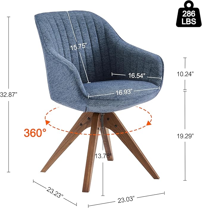 Art Leon Desk Chair - Mid Century Modern Office Chair No Wheels, Swivel Accent Chair with Oak Wood Legs, Fabric Upholstered Arm Chair, Blue