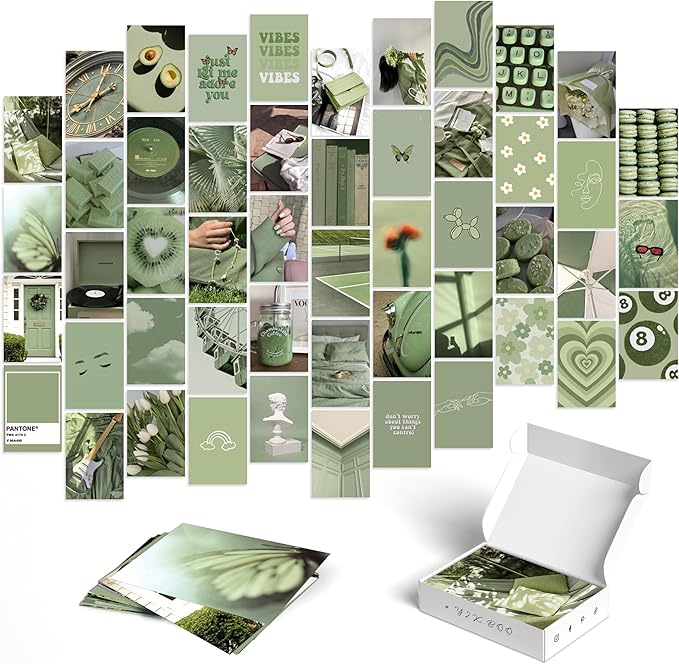 Y2K BOO Sage Green Aesthetic Wall Collage Kit – 50 Soft & Serene Photos, 4"x6" Semi-Gloss Prints for Teen Girls Dorm Room Decor, Calm Sage Green Moments, Ideal Gift for Birthday & Graduation