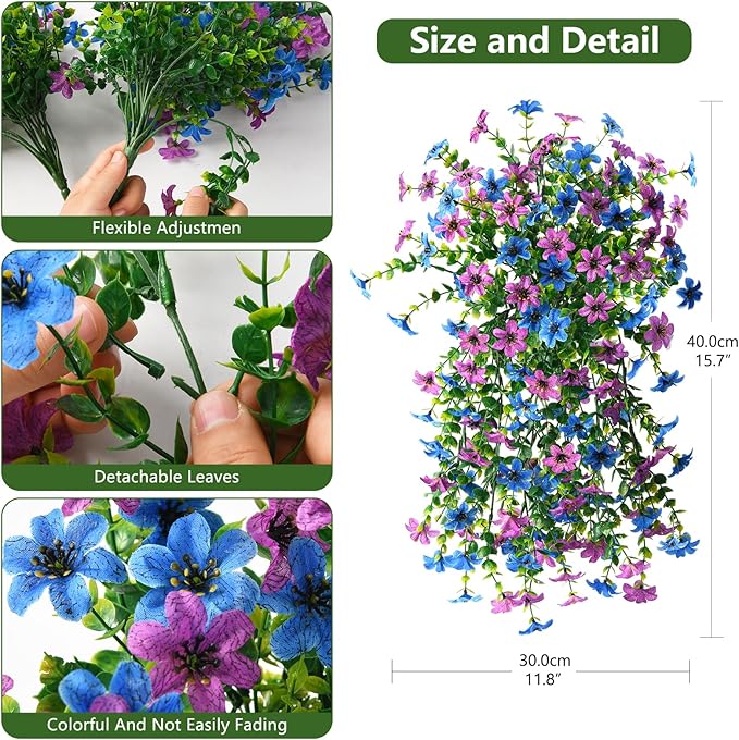 Artificial Fake Hanging Flowers Plants for Outdoor Spring Decoration, 2 PCS Faux Silk Daisy Flower UV Resistant Look Real for Outside Patio Porch Garden Balcony Yard Home Summer Decor(Perple Blue)