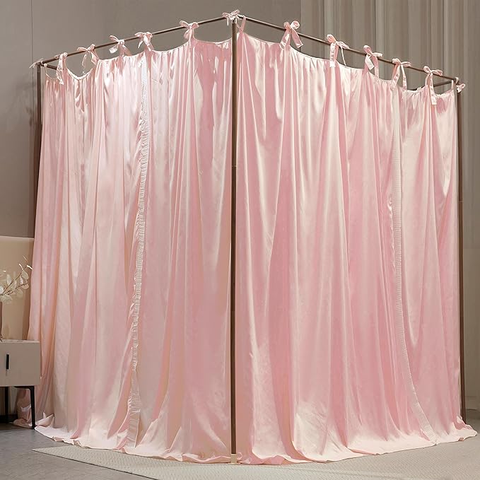 4 Corners Post Princess Curtain Bed Canopy Double Layer Cozy Mosquito Net Mesh and Cloth for Girls Adults Bedroom Decoration (Double-Beigepink/White, 64" W*82" L*82"*H/(Queen))