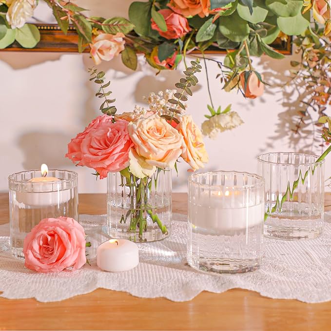 ComSaf 6pcs Mini Glass Cylinder Vases 3.9 Inch Tall, Small Vase for Flowers, Short Ribbed Vases for Centerpieces, Clear Hurricane Glass Candle Holders for Table Party Home Decor