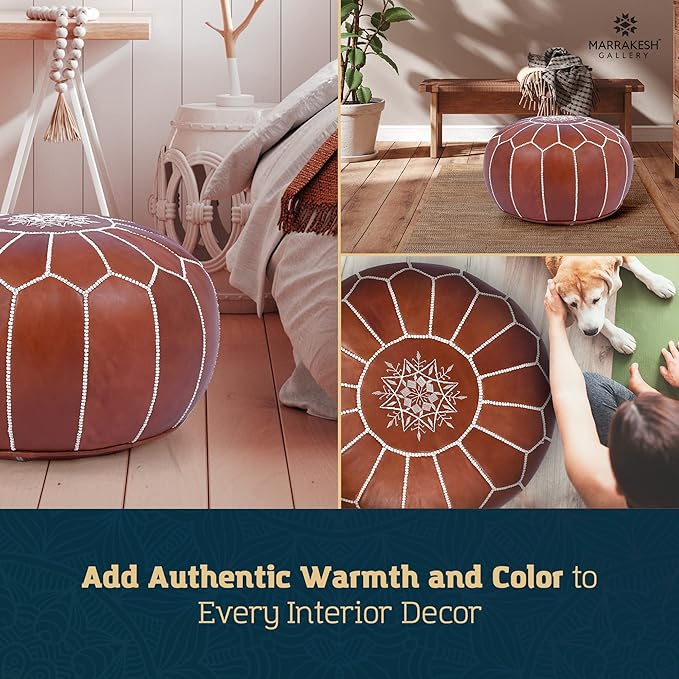 Marrakesh Gallery Genuine Leather Round Pouf Unstuffed - Moroccan Ottoman Footstool, Footrest Cover - Boho Decor - Bohemian Living Room, Bedroom, Kids Room, Gift & Wedding