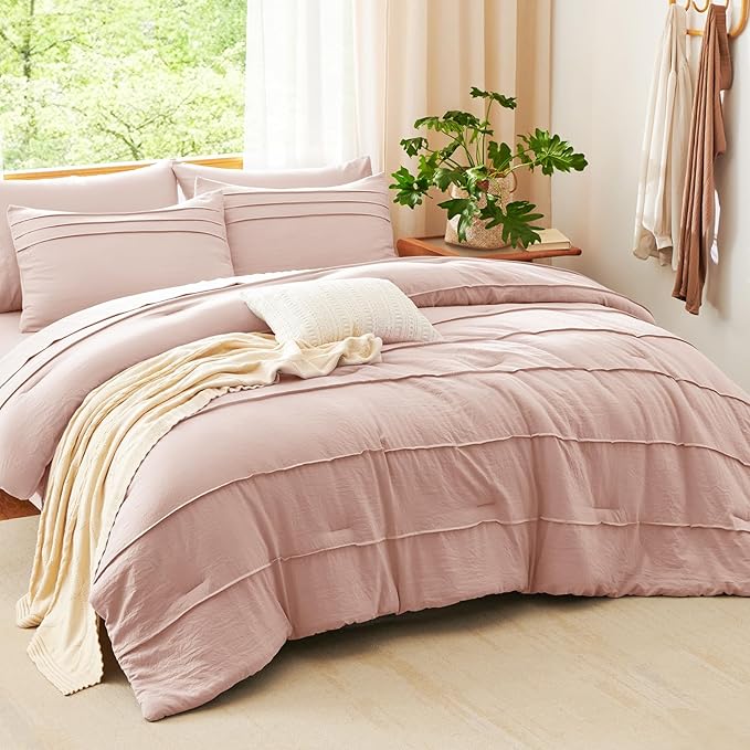 CozyLux Queen Comforter Set Blush Pink, 7 Pieces Soft Pinch Pleat Bed in a Bag Queen Comforter Set with Sheets, Boho Bed Set with Down Alternative Comforter, Sheets, Pillowcases & Shams