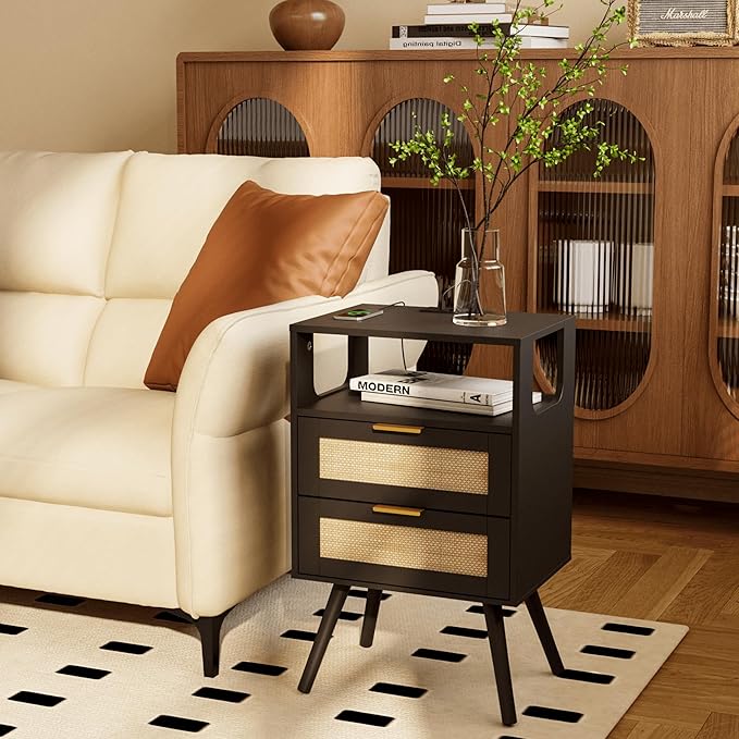 Rattan Nightstand with Charging Station,Farmhouse Bedside Table with 2 Storage Drawer and Open Wood Shelf, for Bedroom and Small Spaces,Night Stand with Solid Wood Legs (Black-Outlet)