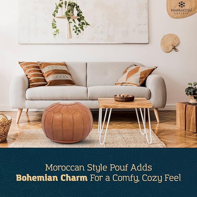 Marrakesh Gallery Genuine Leather Round Pouf Unstuffed - Moroccan Ottoman Footstool, Footrest Cover - Boho Decor - Bohemian Living Room, Bedroom, Kids Room, Gift & Wedding