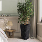 Worth Garden 2-Pack 22" H. Black Square Tapered Planter with Inside Pots - Plastic Plant Pots for Indoor Outdoor - Modern Wavy Finish Decorative Flower Pots for Front Porch Containers Patio Deck