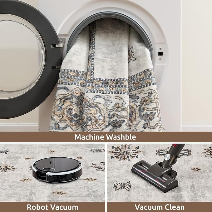 AMOAMI-Vintage Area Rug 4x6 Grey Rugs for Living Room-Soft Living Room Rug Non Slip Rugs for Bedroom Carpet Machine Washable Rug for Dining Room Bedside Office Room Decor