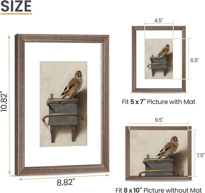 upsimples 8x10 Picture Frame, Natural Solid Wooden Picture Frames, Display 5x7 with Mat or 8 x 10 Without Mat, Wall or Tabletop, 1 Pack, Brown