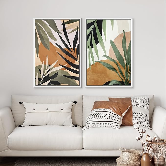 SIGNFORD Framed Canvas Print Wall Art Set Tropical Island Palm Leaf Geometric Collage Abstract Nature Illustrations Modern Art Decorative Minimalist Floral Botanical for Bedroom - 24"x36"x2 White
