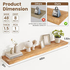 Floating Shelves, 8" Deep Rustic Solid Wood Wall Mounted Floating Shelves, Wall Shelves with Invisible Bracket for Living Room Bathroom Bedroom Kitchen, 48 Inch, Natural