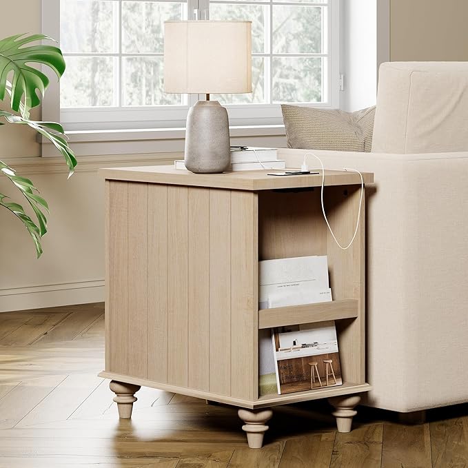 WAMPAT Set of 2 End Tables with Charging Station, Beige Tall Side Table with Storage Cabinet & Drawer, Wooden Nightstands with Power Outlets & USB Ports for Bedroom, Living Room