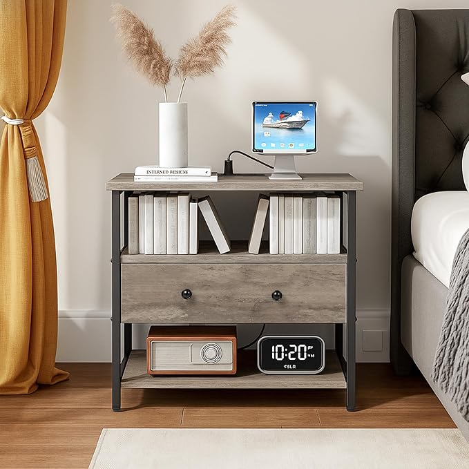 27 Inch Wide Night Stand Set 2 with Charging Station, Wood Nightstand with Open Shelf, Large Drawer Bedside Table for Living Room/Bedroom/Office(Rustic Gray)