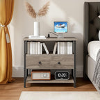 27 Inch Wide Night Stand with Charging Station, Wood Nightstand with Open Shelf, Large Drawer Bedside Table for Living Room/Bedroom/Office (Rustic Gray)