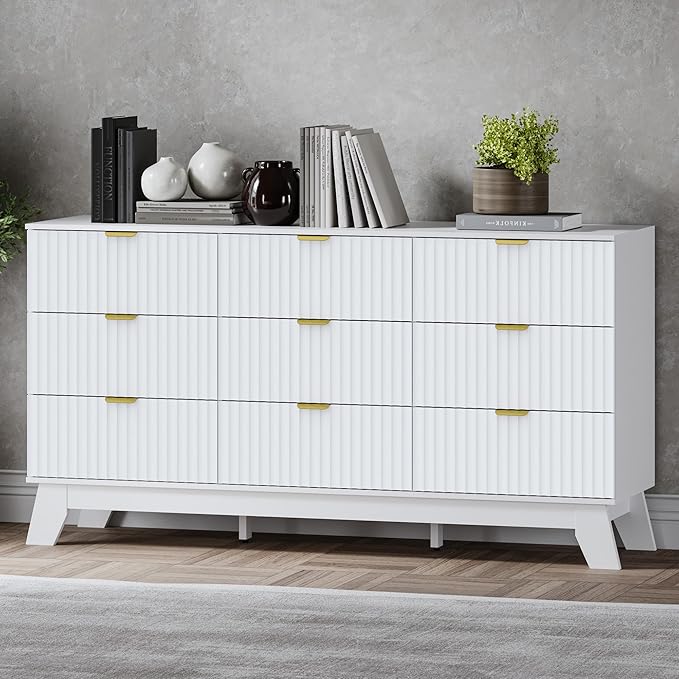 Fluted 9 Drawer Dresser, 57.1" Wide Modern Boho Chest of Drawers, Wooden Storage Dresser TV Stand for Bedroom, Living Room, Closet, Hallway, Curved Profile Design