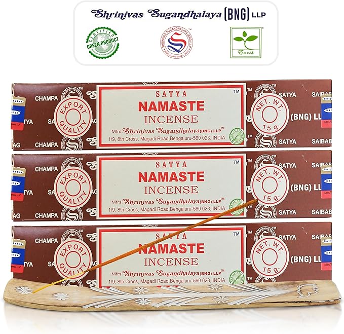 Satya Namaste Incense Sticks, Satya Bng (Bangalore) Insenses 15gmx3 Pack with Raajsee Incense Holder Bundle, Satya Nagchampa Natural Incense
