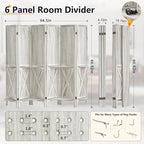6 Panel Pegboard Display with 24 Hooks, Wooden Pegboard Room Divider Wall with Shelf, Rustic Room Dividers and Folding Privacy Screens, Bedroom, Jewelry Store, White