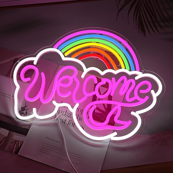 LISIGNVE Rainbow Welcome Neon Sign Cloud Light Up Sign Welcome Led Sign Rainbow Neon Light with USB for Bedroom Wedding Party School Business Wall Decor (16.5”*12.6”)