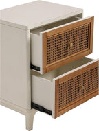 COZAYH Fully-Assembled 2-Drawer Woven Cane Front Accent Nightstand with Brass Knobs, Distressed White