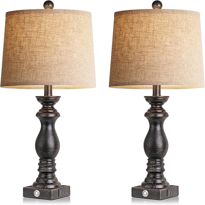 24.5" Table Lamp Set of 2, Rustic Farmhouse Bedside Lamps with USB A+C Charging Ports, 3-Way Dimmable Touch Control Nightstand Lamps for Living Room Bedroom, Antique Black, LED Bulbs Included
