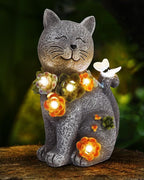 Solar Garden Statues Outdoor Decor, 6 LED Cat Flowers Butterfly Figurine Lights, Waterproof for Balcony Patio Porch Lawn Yard Ornament Art - Gift Ideas for Housewarming Gardening Grandma Women