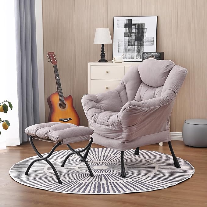 Lazy Chair and Ottoman, Large Accent Lounge Chair with Armrests and a Side Pocket, Modern Leisure Upholstered Sofa Reading Armchair with Footrest for Bedroom, Living Room, Dorm Rooms, Office