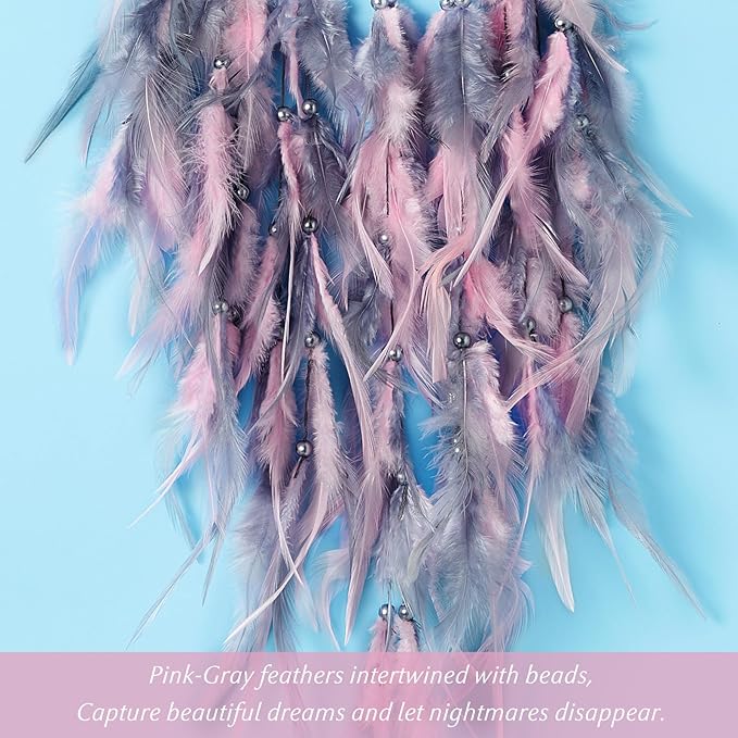 Dreamlike Moon Dream Catchers Wall Decor Crescent Dream Catcher with Crystal Stone Star Shaped Tree of Life Pendant Handmade Pink Feather Dreamcatchers Wall Hanging for Girls Bedroom Wedding Gift