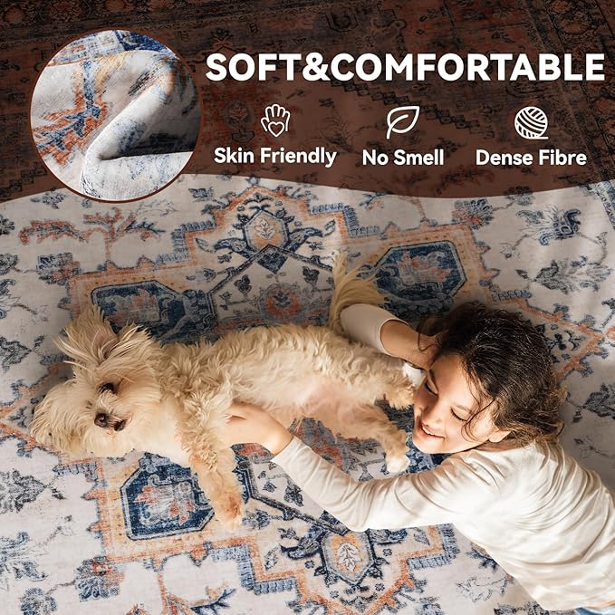 Washable Rugs for Living Room 8x10 Area Rug Soft Living Room Carpet-Rugs for Bedroom Vintage Oriental Floral Dining Room Non Slip Blue Rust