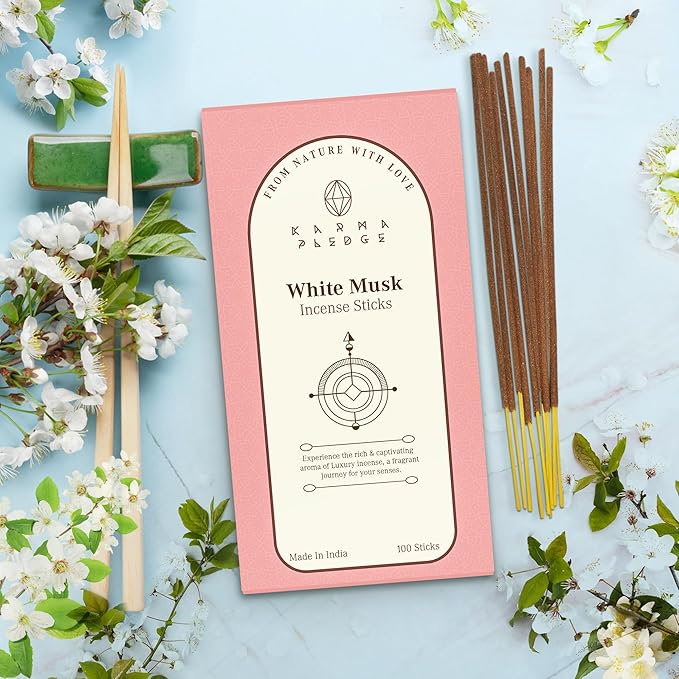 White Musk Incense Sticks, Organic Hand Dipped 100 Sticks with Natural Herbs & Aromatic Ingredients, Burn Time 45 to 60 Minutes, Incense for Positivity, Yoga, Meditation, Relaxation, Spiritual Gift