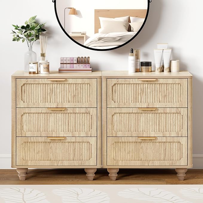3 Drawer Dresser for Bedroom, Mid Century Modern Closet Dressers Chest of Drawers, Fluted Wood Wide Nightstand Storage Dresser with Drawers for Living Room, Dressing Room, Entryway, Hallway, Natural