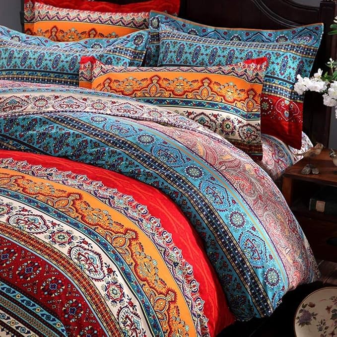ABREEZE 3Pcs Bohemia Retro Bedding Ethnic Vintage Floral Duvet Cover Boho Bedding 100% Brushed Cotton Bedding Sets Damask Paisley Coloful Mandala Down Comforter Cover,Queen