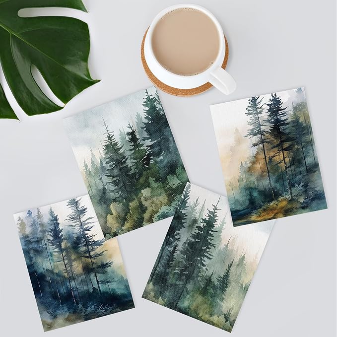 SIGNWIN Adhesive Canvas Poster Green & Teal Watercolor Forest Pine Trees Nature Wilderness Photography Realism Decorative Rustic Cozy Zen for Living Room, Bedroom, Office - 11"x14"x4