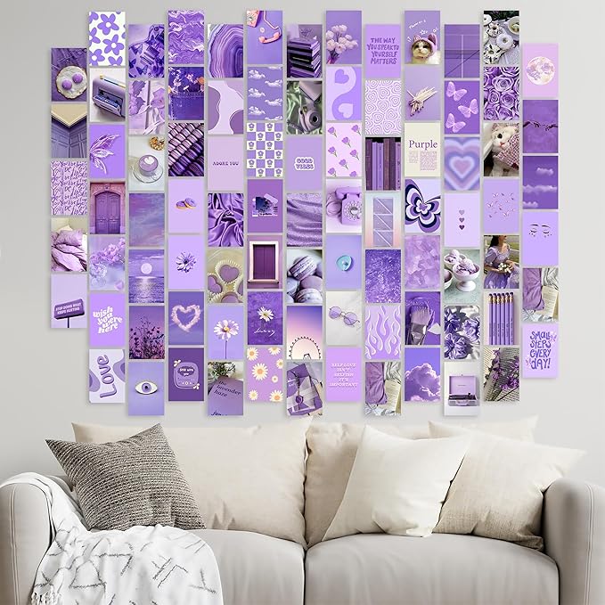 Soft Purple Dreamy Aesthetic Wall Collage Kit – 100 Mystical & Classic Photos, 4"x6" Semi-Gloss Prints for Teen Girls Dorm Room Decor, Elegant Purple Moments, Ideal Gift for Birthday & Graduation