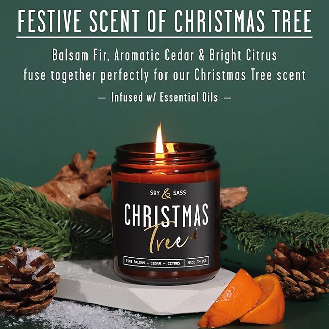 Christmas Tree Candles, Christmas Candles Scented - 'Christmas Tree' Soy Candle w/Balsam, Cedar & Citrus - Infused with Essential Oils I Balsam Pine Candle I 9oz, 50Hr, USA Made