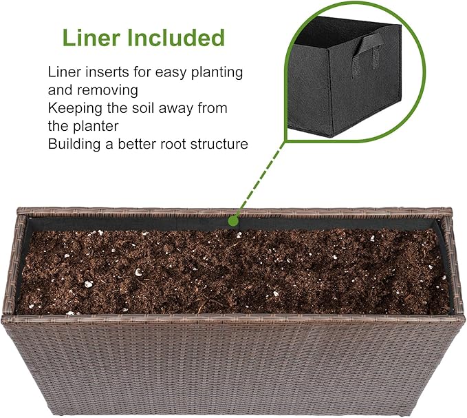 LEWIS&WAYNE Large Rectangular Block Planter Box Handmade Wicker Tall Planters for Outdoor Plants with Removable Liners Modern Planter for Indoor Outdoor Patio Deck - Brown, 38''x11''x30''