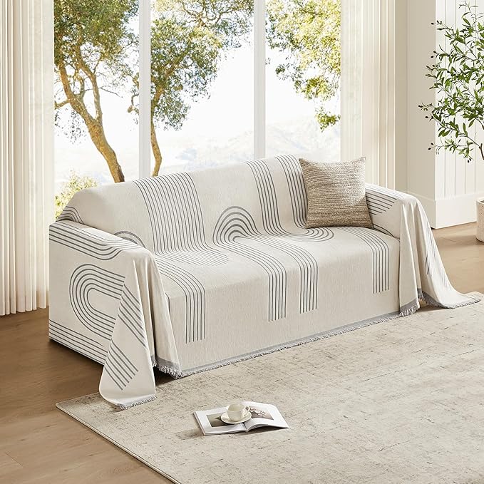 Boho Couch Cover Washable Sectional Couch Covers for Dogs Reversible Sofa Slipcover for 2 or 3 Cushion Couch Pet Friendly Furniture Protector (3# Grey, 91" x 134")