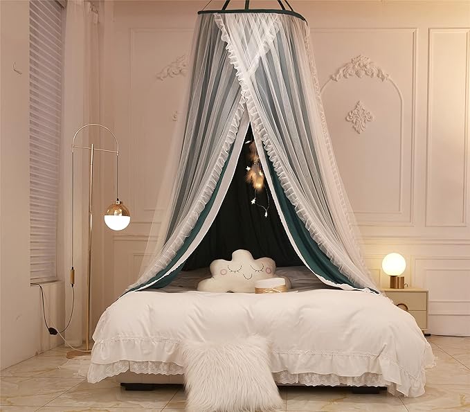 VETHIN Double Layer Princess Round Dome Canopy Bed Curtain for Girls Adults,Children Dreamy Mosquito Net,Cute Bedroom Decoration Castle Play Tent Reading Nook Canopies (Blackish Green/White)