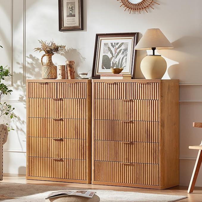 LEYAOYAO Fluted 6 Drawers Dresser for Bedroom, 42" Tall Modern Chest of Drawers with Metal Handle, Curved Profile Design,Brown Wood Drawer Organizer for Bedroom, Living Room, Hallway, Entryway