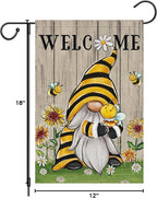 Welcome Summer Gnome Garden Flag Spring Summer Bee Sunflower Yard Flag 12x18 Double Sided Burlap Daisy House Flag for Rustic Seasonal Outside Outdoor House Decoration (ONLY FLAG)