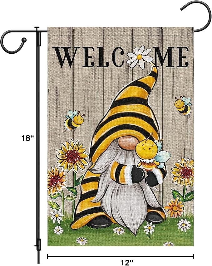 Welcome Summer Gnome Garden Flag Spring Summer Bee Sunflower Yard Flag 12x18 Double Sided Burlap Daisy House Flag for Rustic Seasonal Outside Outdoor House Decoration (ONLY FLAG)