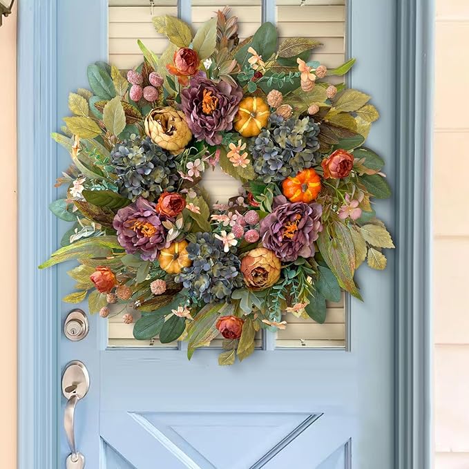 WANNA-CUL 24 Inch Spring Fall Wreaths for Front Door with Blue Hydrangea, Fall Wreath Front Door with Purple Orange Peony and Pumpkins-Fall Decoration for Home-Large Fall Decor Door Wreath for Autumn