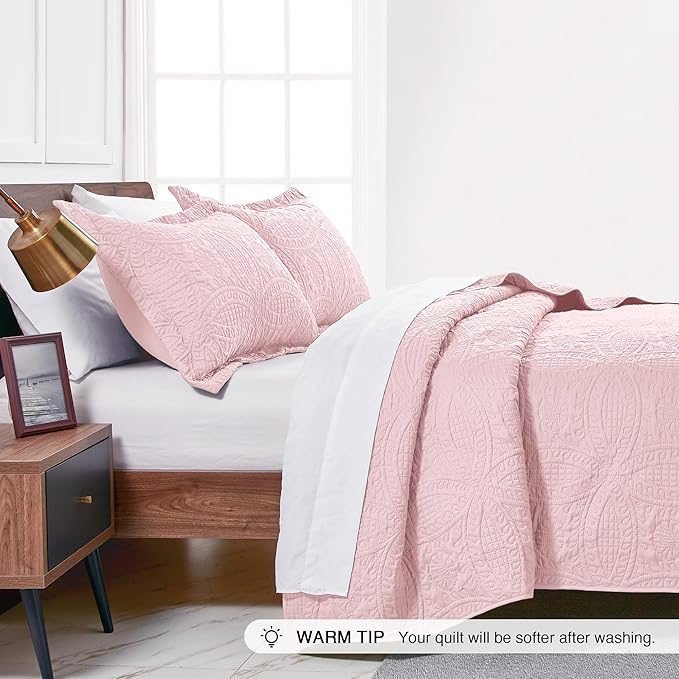 Love's cabin Quilts for Queen Bed Pink Bedspreads - Soft Bed Summer Lightweight Bedspread Comforter - Modern Style Coin Coverlet for All Season - 3 Pieces (1 Quilt, 2 Pillow Shams)
