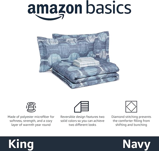 Amazon Basics Lightweight Microfiber Comforter Sets, 7 Pieces, Navy, Geometrics, King