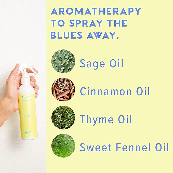 MOXĒ Happy Linen & Room Spray, Uplifting Essential Oils, Natural Aromatherapy Mist, Home & Bedroom, Office, Furniture, Bedding, Pillows, Sheets, Cinnamon, Sweet Fennel, Sage, Thyme, 8 Ounces (1 Pack)